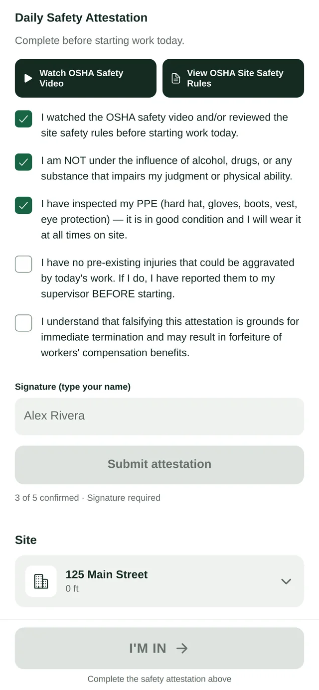 Daily Safety Attestation screen: five statements to confirm and a typed signature