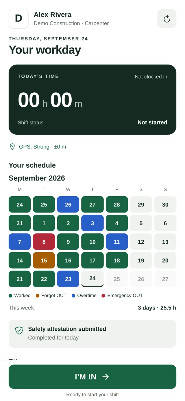Your workday screen: today's time at zero, GPS strong, the site picker and the I'M IN button